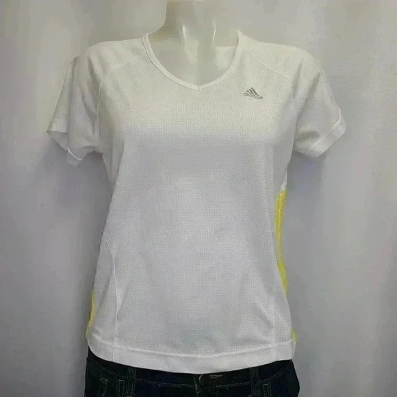 Adidas Climalite White Tee Top Yellow Three Stripe Logo Activewear Medium - Picture 1 of 14